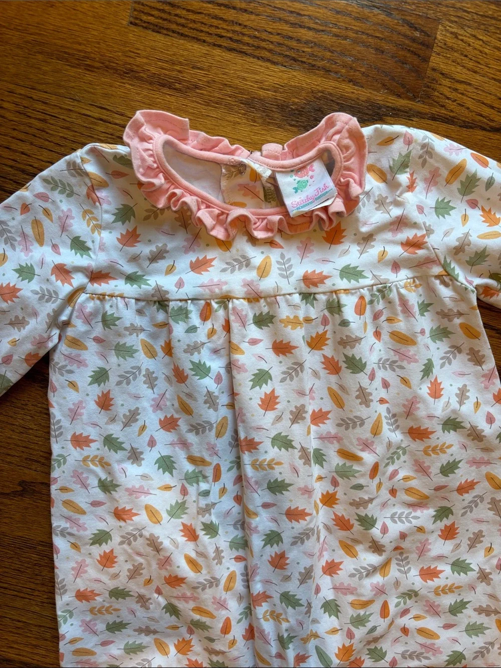 Stitchy Fish Cotton Girls Pink Floral Leaf Fall Ruffle One-Piece Romper size 3T